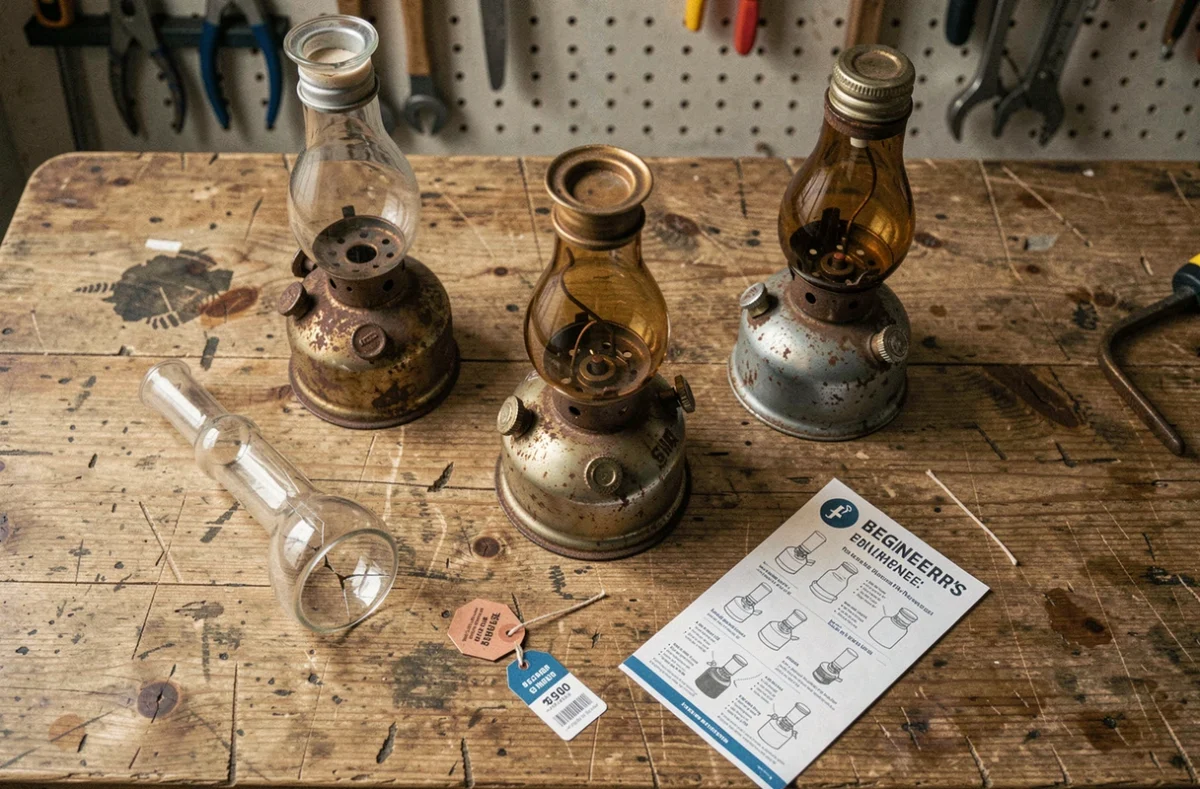 Comparaison de plusieurs lampes à pétrole avec accessoires incompatibles sur une table d'atelier, guide visuel des erreurs d'achat pour débutants