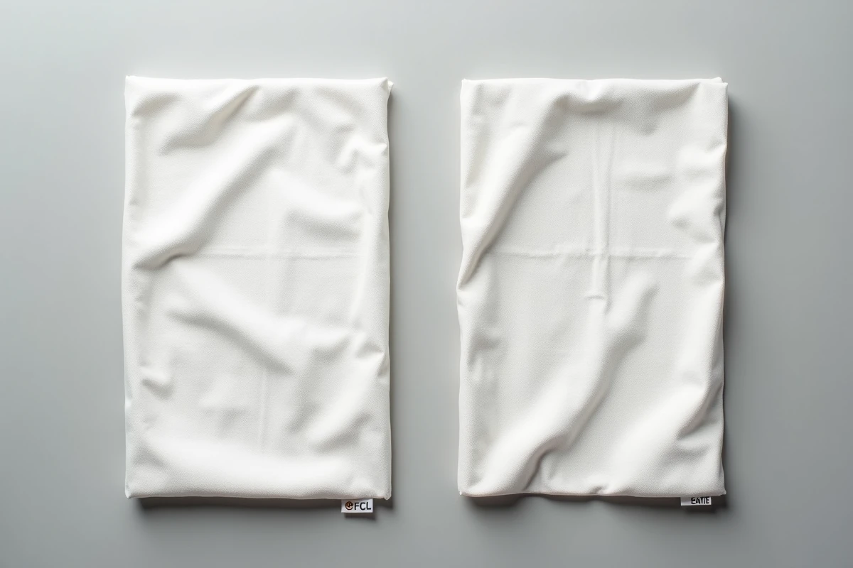 Comparaison de deux nappes côte à côte, une froissée et tachée, l'autre infroissable et anti-tache pour restaurant