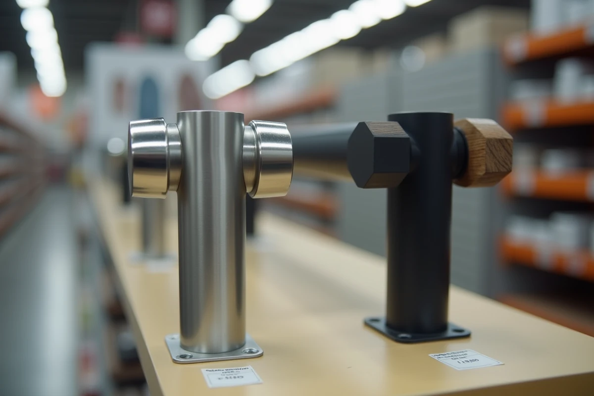 Comparaison de deux modèles de tringles à vêtements en magasin de bricolage, chrome et noir mat côte à côte