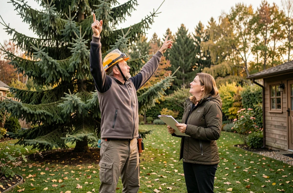 Un élagueur en consultation avec une propriétaire pour évaluer l'élagage d'un sapin dans un jardin privé