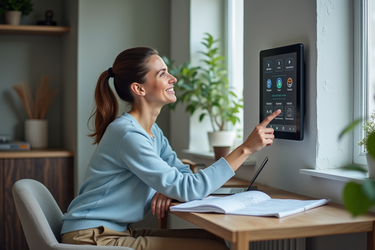 Femme configurant un écran tactile de domotique dans un bureau