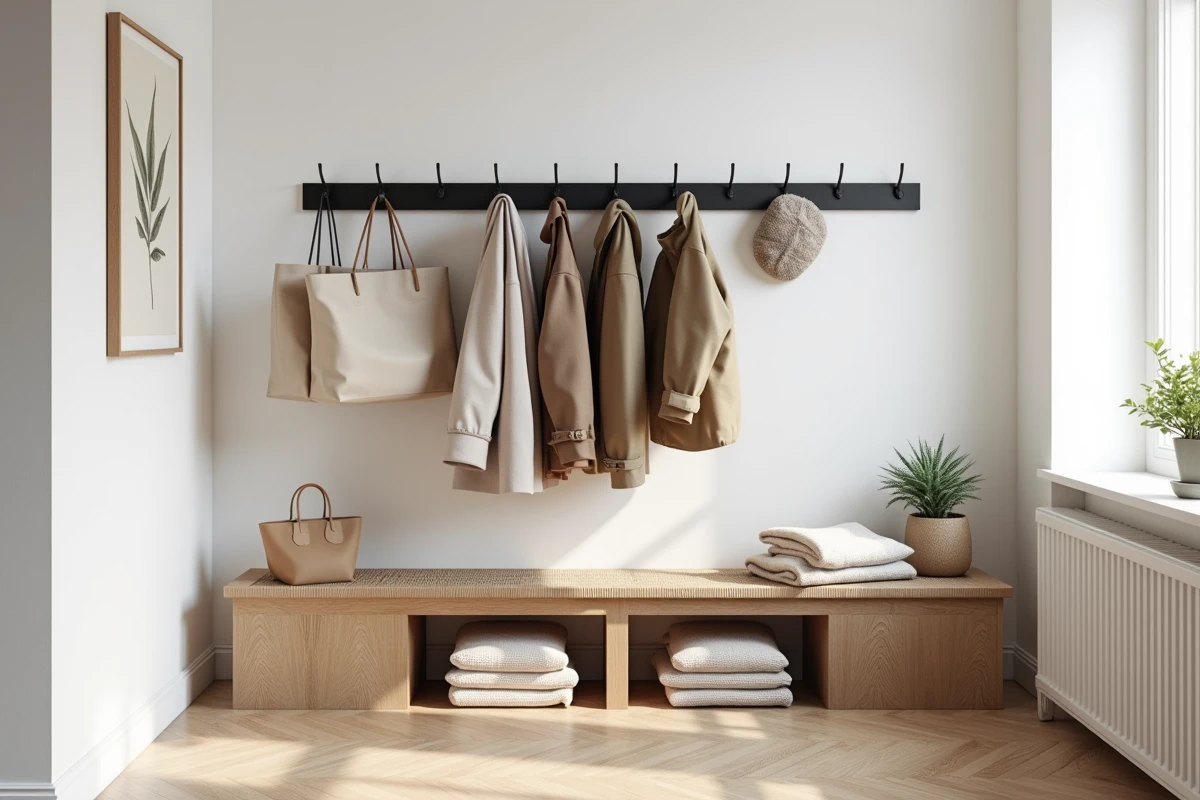 Couloir scandinave avec porte-manteau mural en métal noir, parquet en chêne clair et banc en rotin sous des manteaux suspendus