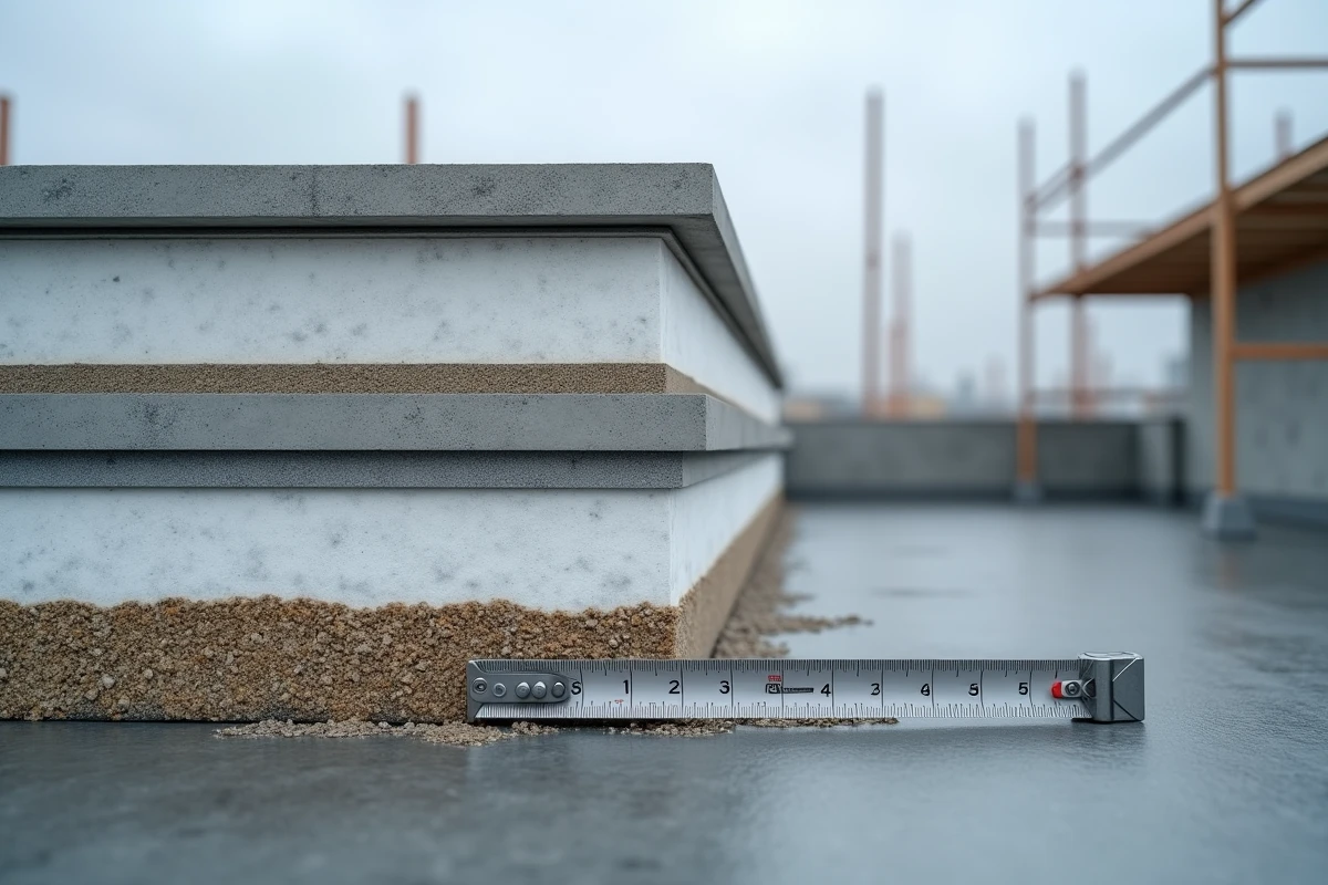 Coupe transversale des couches d'isolation thermique d'un toit terrasse avec mètre ruban pour mesure d'épaisseur
