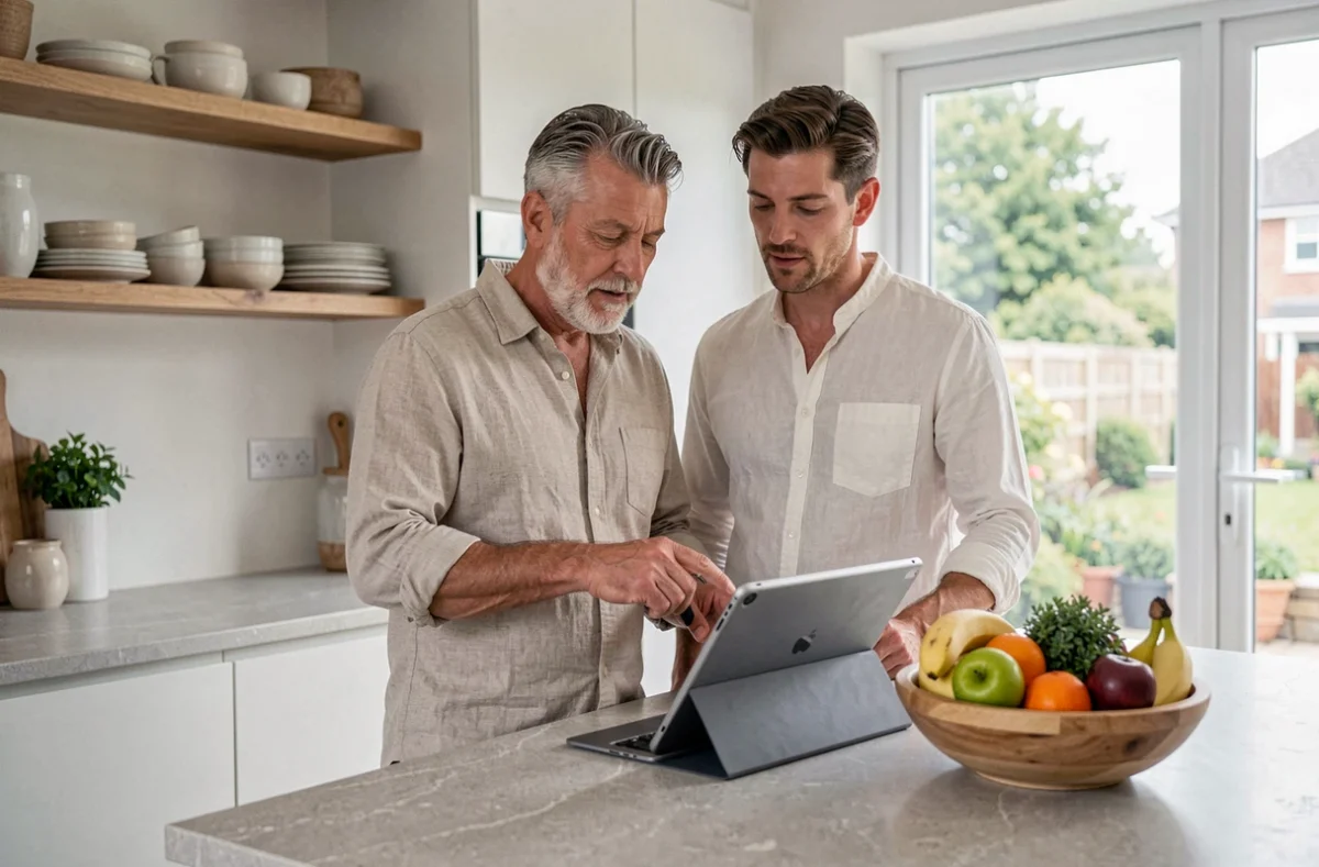 Couple consultant une application de bien-être et de budget immobilier sur une tablette dans une cuisine moderne épurée