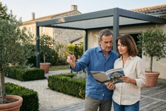 Couple bordelais examinant une pergola aluminium sur leur terrasse à Mérignac avec un catalogue Nova Stores