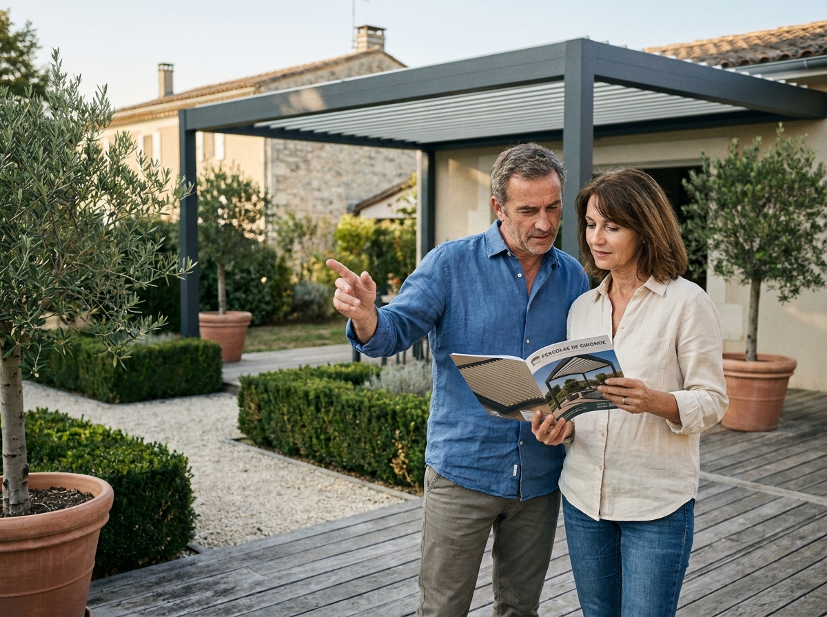 Couple bordelais examinant une pergola aluminium sur leur terrasse à Mérignac avec un catalogue Nova Stores