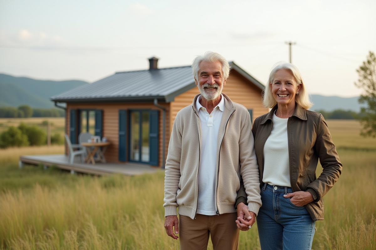 Couple souriant devant leur bungalow en campagne
