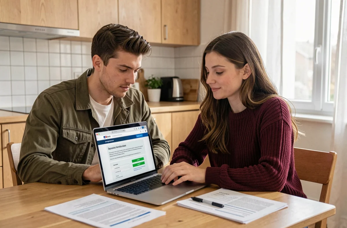 Couple consultant le portail administratif en ligne pour la déclaration préalable de panneaux solaires
