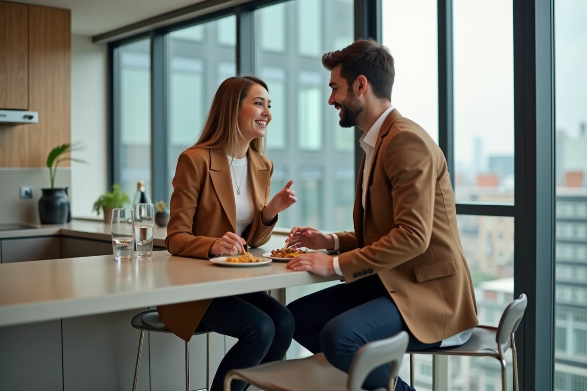 Jeune couple discutant dans un appartement moderne et lumineux
