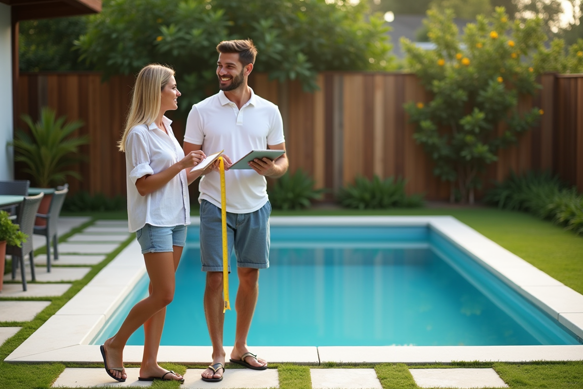 Jeune couple souriant près d'une piscine de jardin en été