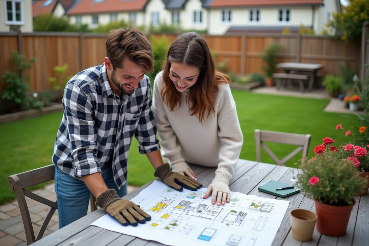Jeune couple consultent un plan de jardin sur une table