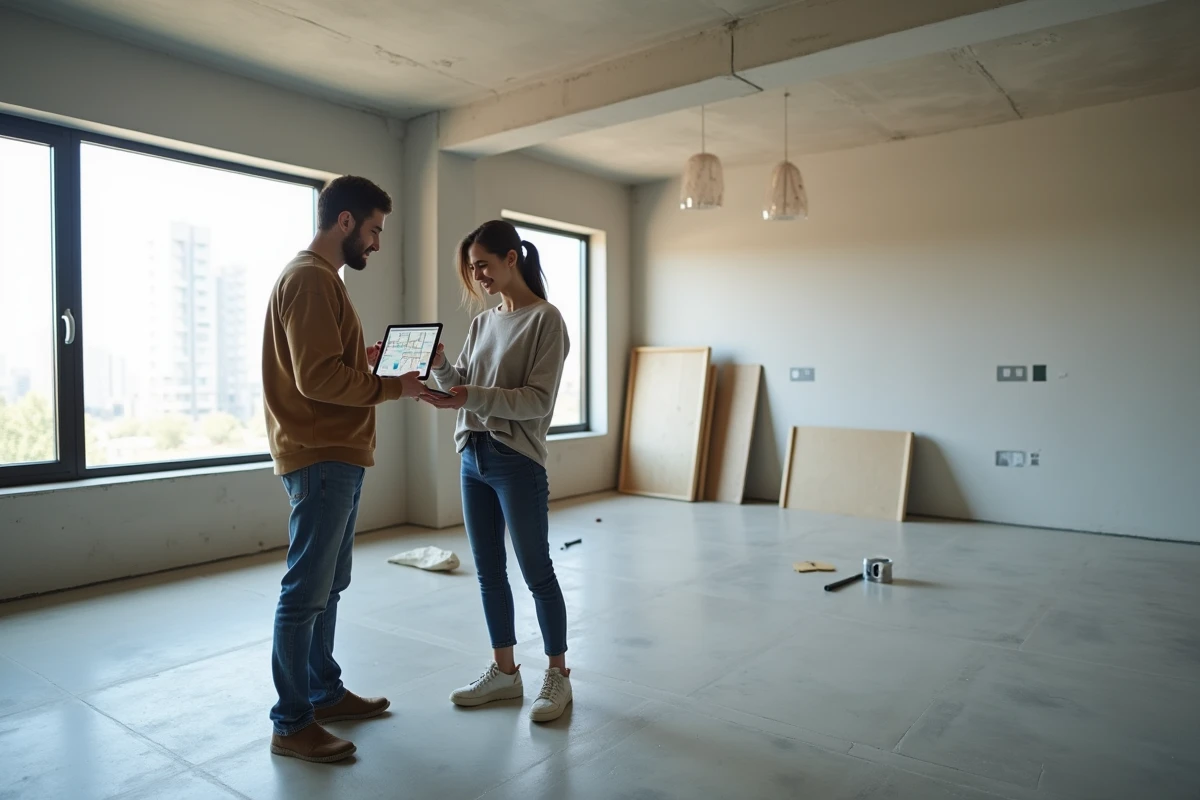 Couple discutant d'un projet de rénovation immobilière dans un appartement vide avec une tablette affichant des plans