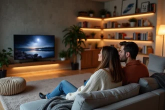 Jeune couple dans un salon moderne regardant la TV