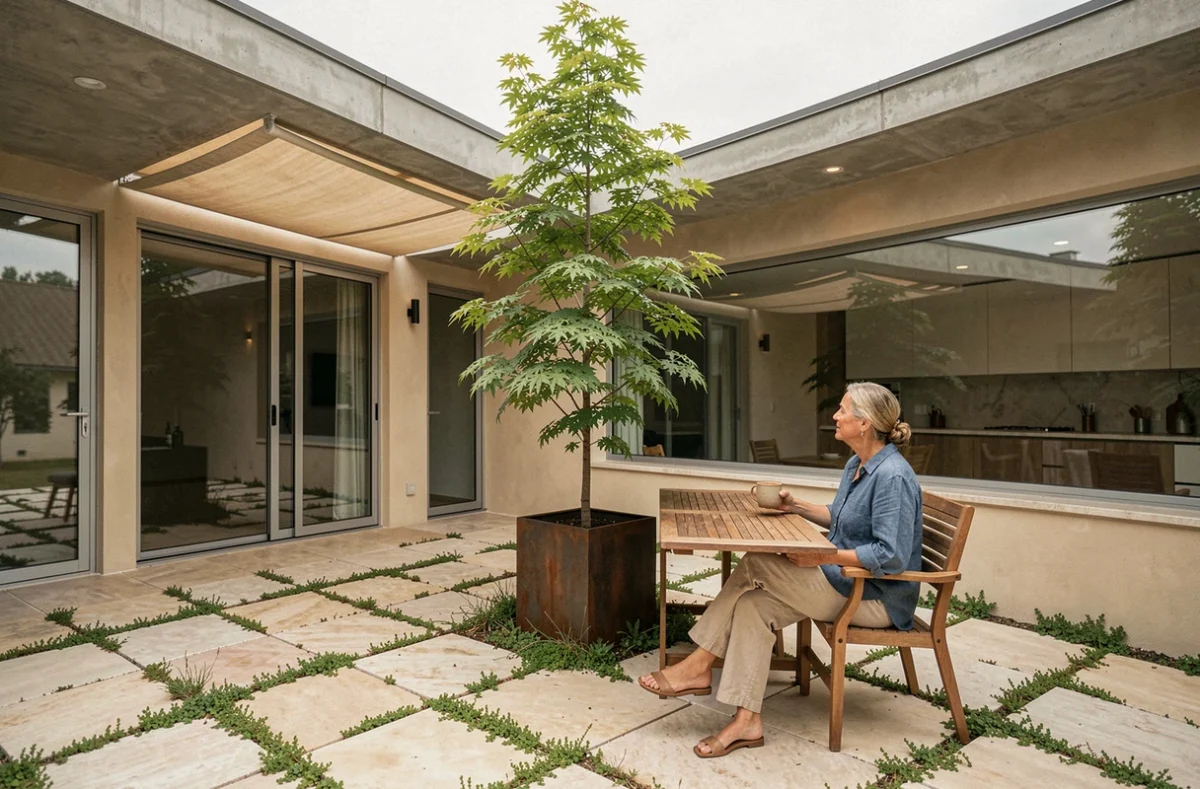 Cour intérieure d'une maison en L plain pied moderne avec terrasse couverte et végétation minimaliste