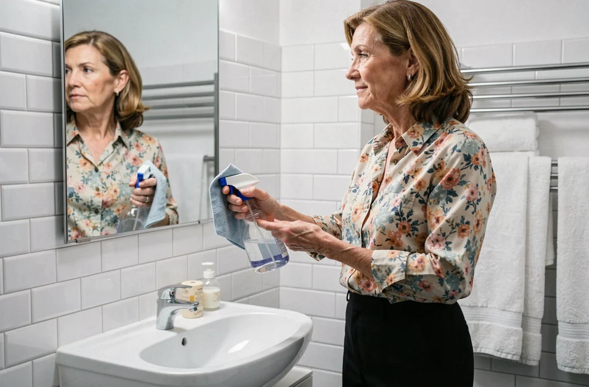 Dame de ménage nettoyant un miroir de salle de bain dans un appartement résidentiel