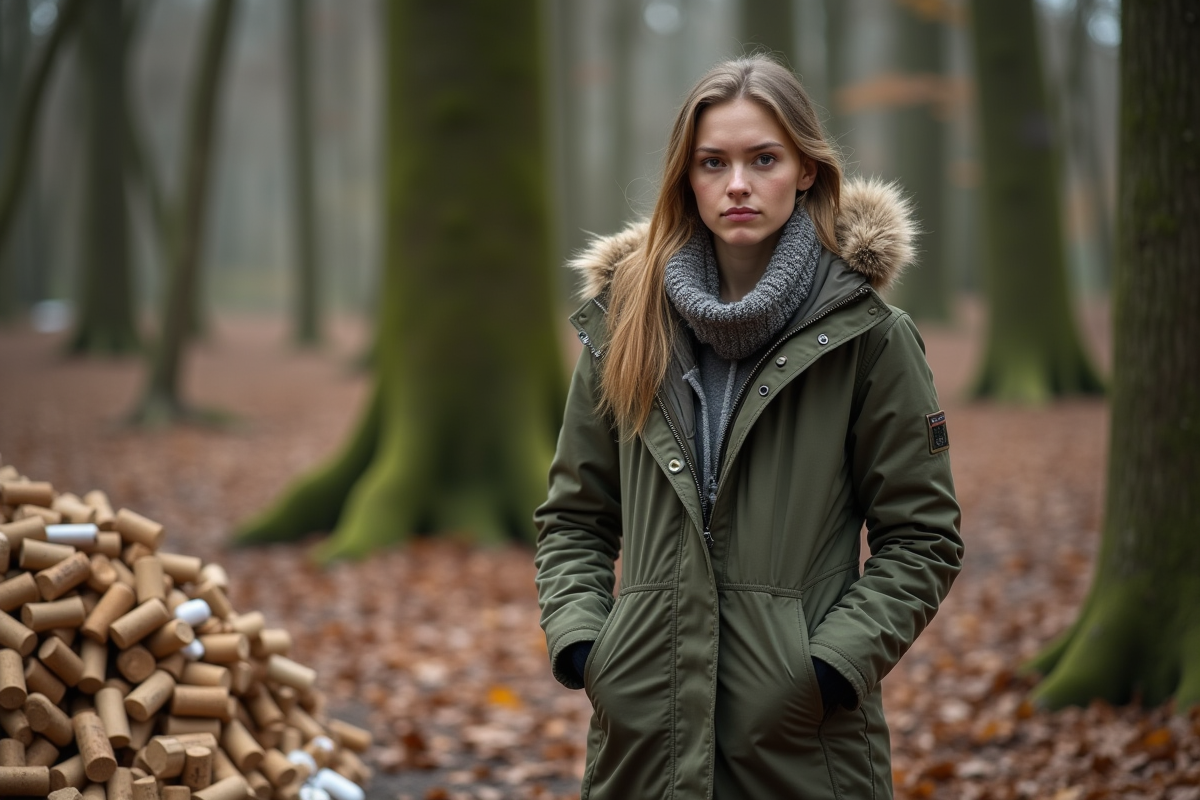 Jeune femme contemplant des déchets de liège en forêt