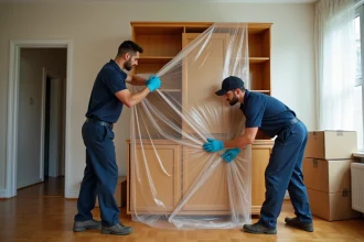 Deux déménageurs professionnels emballant soigneusement une bibliothèque en bois avec des couvertures de protection dans un salon avant un transport de meubles