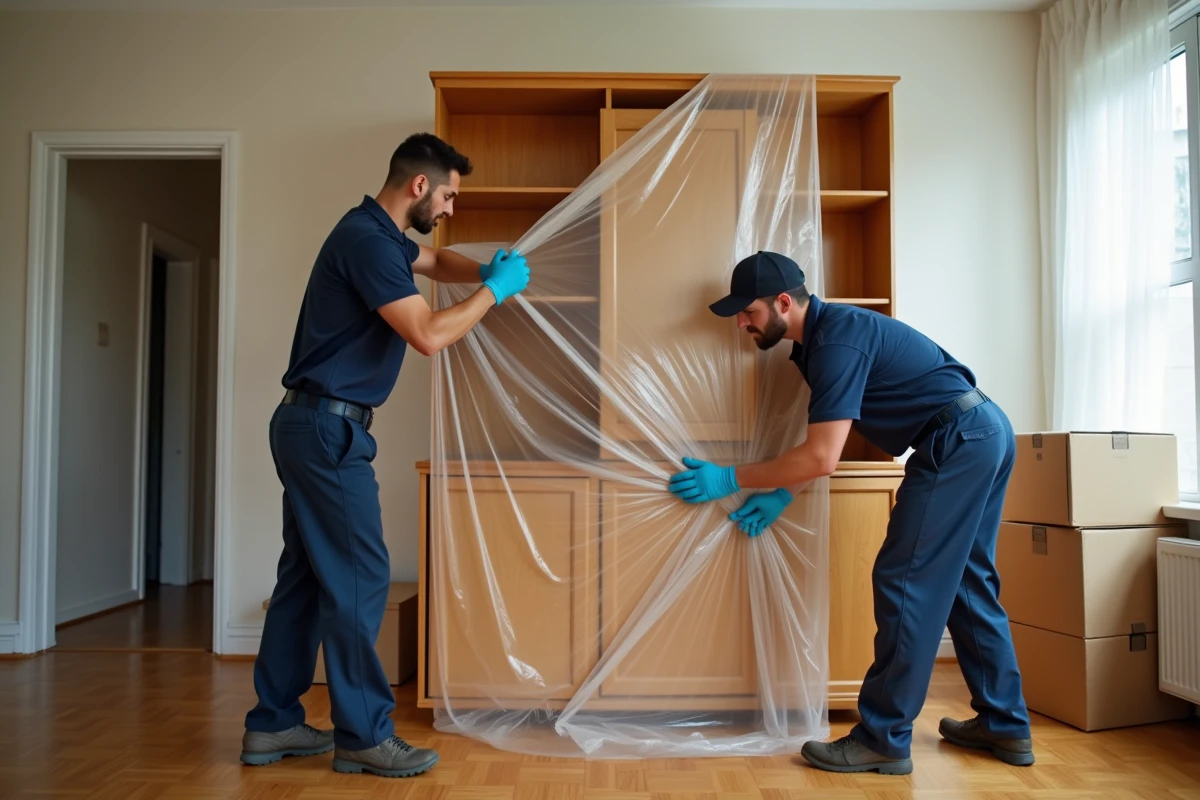 Deux déménageurs professionnels emballant soigneusement une bibliothèque en bois avec des couvertures de protection dans un salon avant un transport de meubles