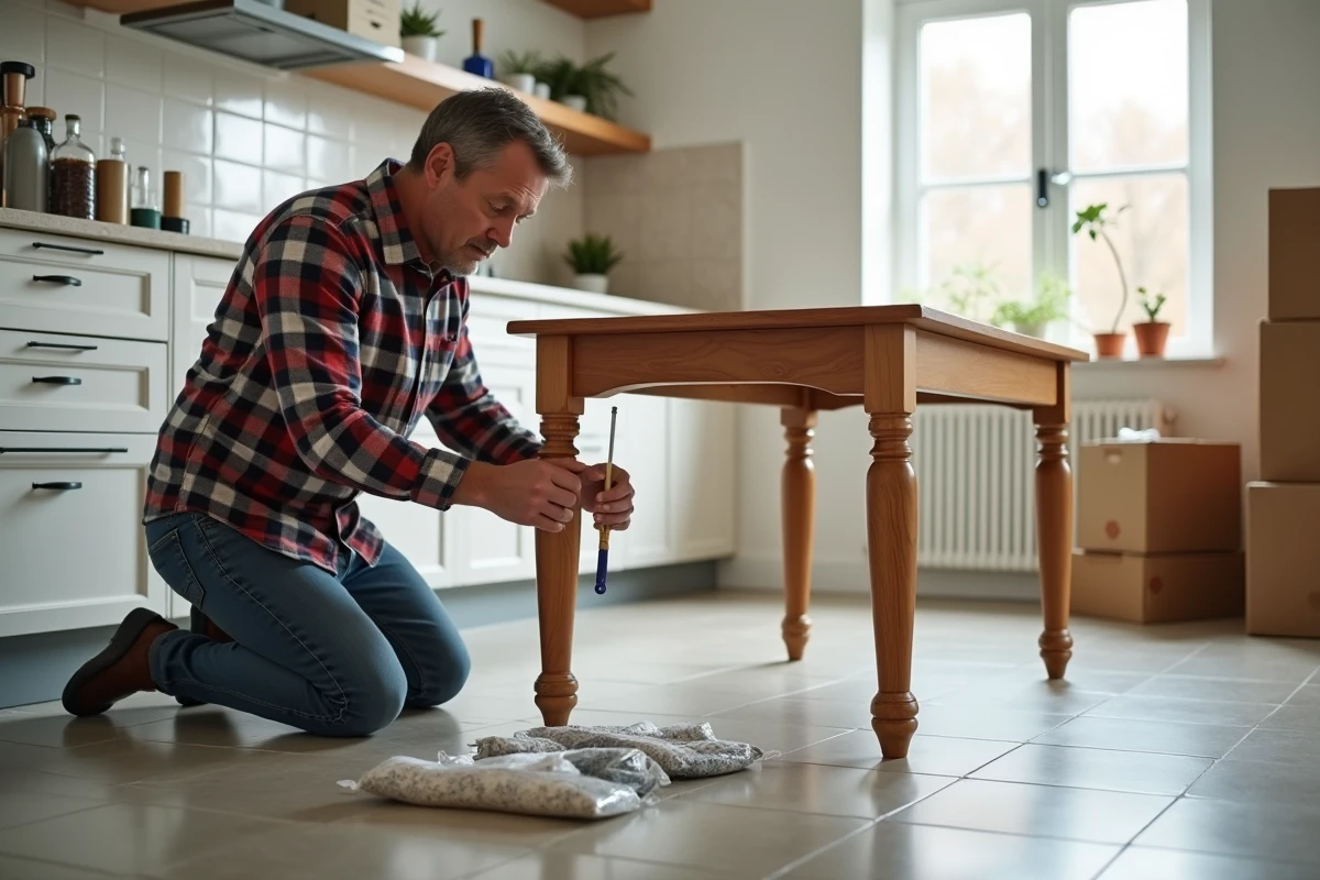 Homme démontant soigneusement une table en chêne massif avant un déménagement, en rangeant la quincaillerie dans des sachets étiquetés pour un remontage facile