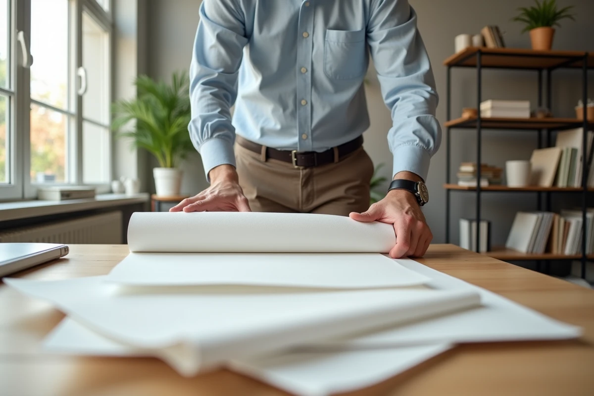 Designer d interieur déployant des échantillons de papier peint blanc