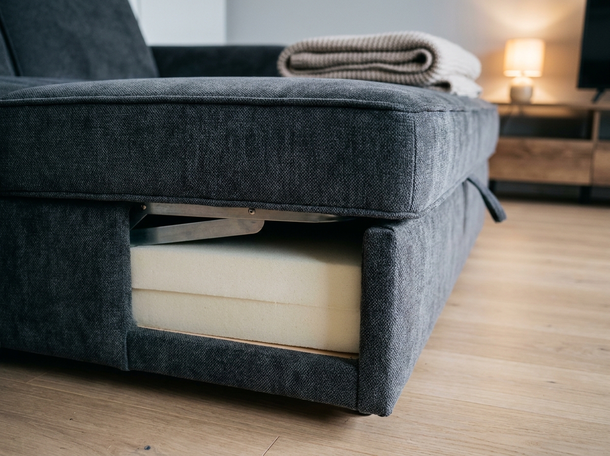Détail du mécanisme d'un canapé convertible en velours anthracite avec matelas épais et parquet chêne clair