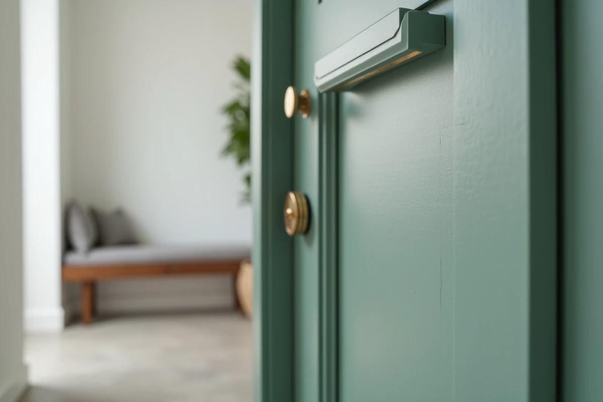 Détail de porte de meuble cache compteur électrique en MDF vert sauge avec poignée en laiton dans une entrée contemporaine