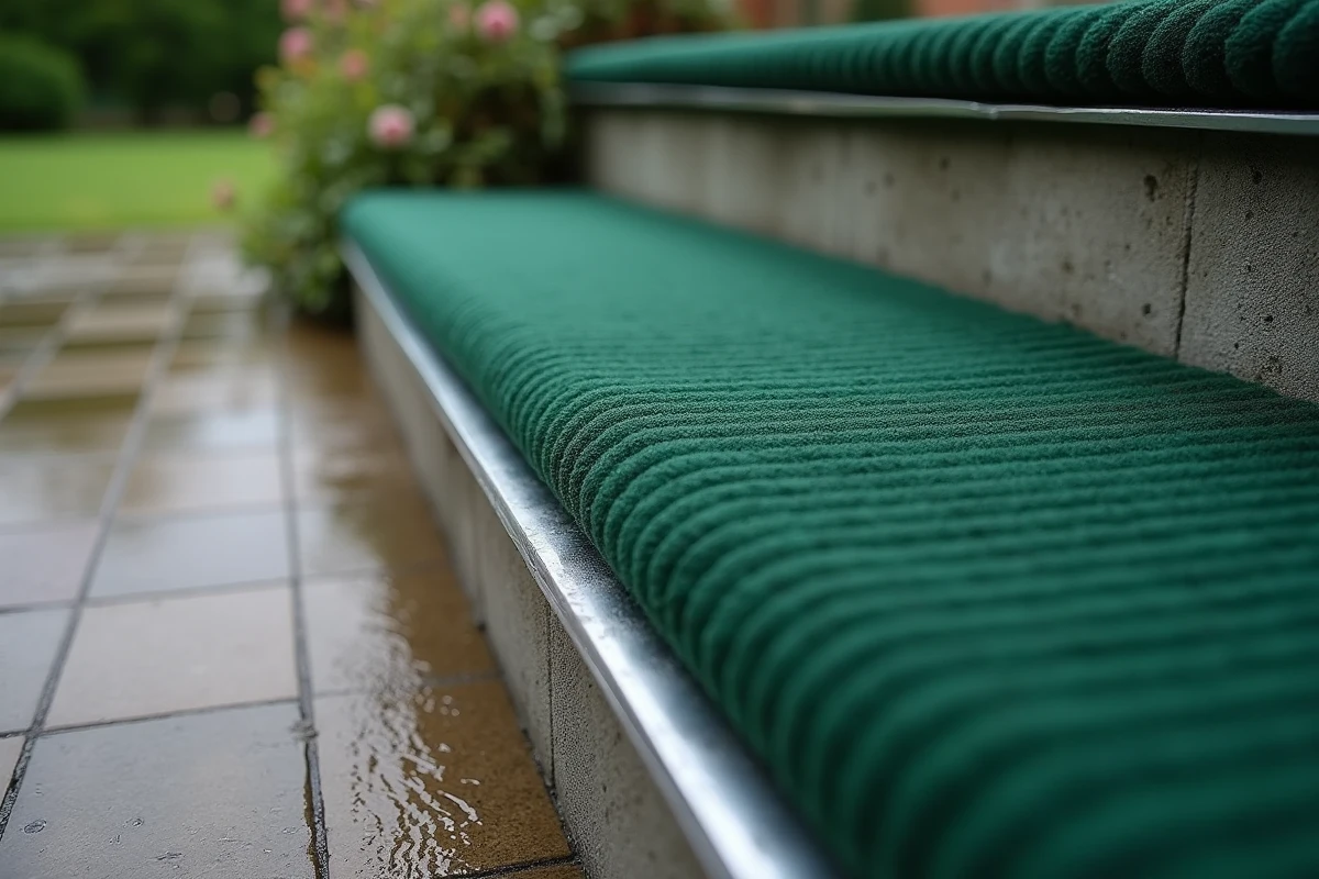 Détail de moquette verte pour marche d'escalier extérieur en béton avec nez de marche aluminium