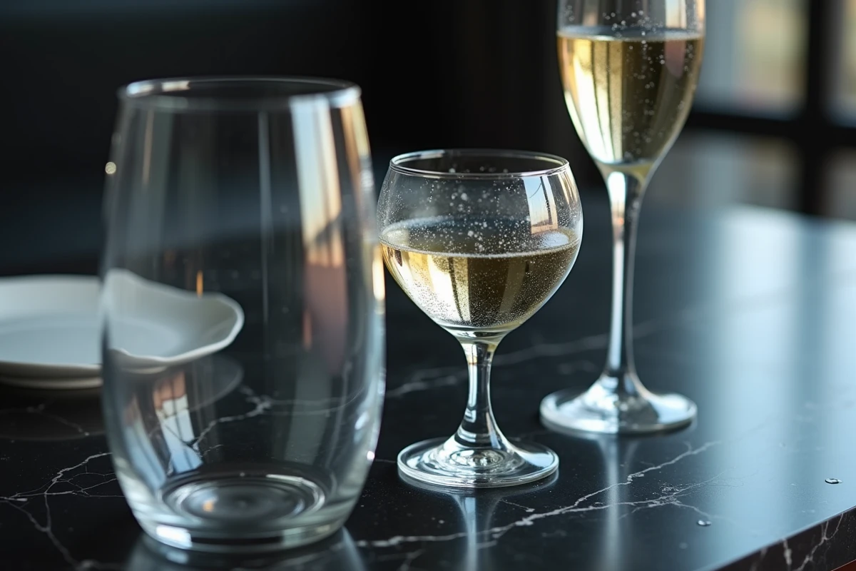 Gros plan sur trois verres disposés en diagonale sur une table en marbre noir — verre à eau, verre à vin et flûte à champagne selon les règles de placement