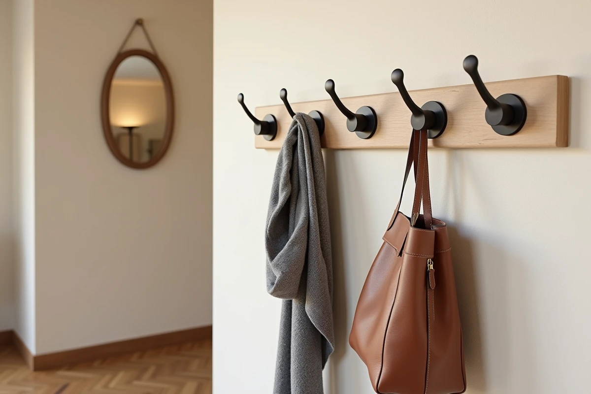 Gros plan sur un porte-manteaux mural en bois de frêne avec crochets noirs dans une entrée de style scandinave