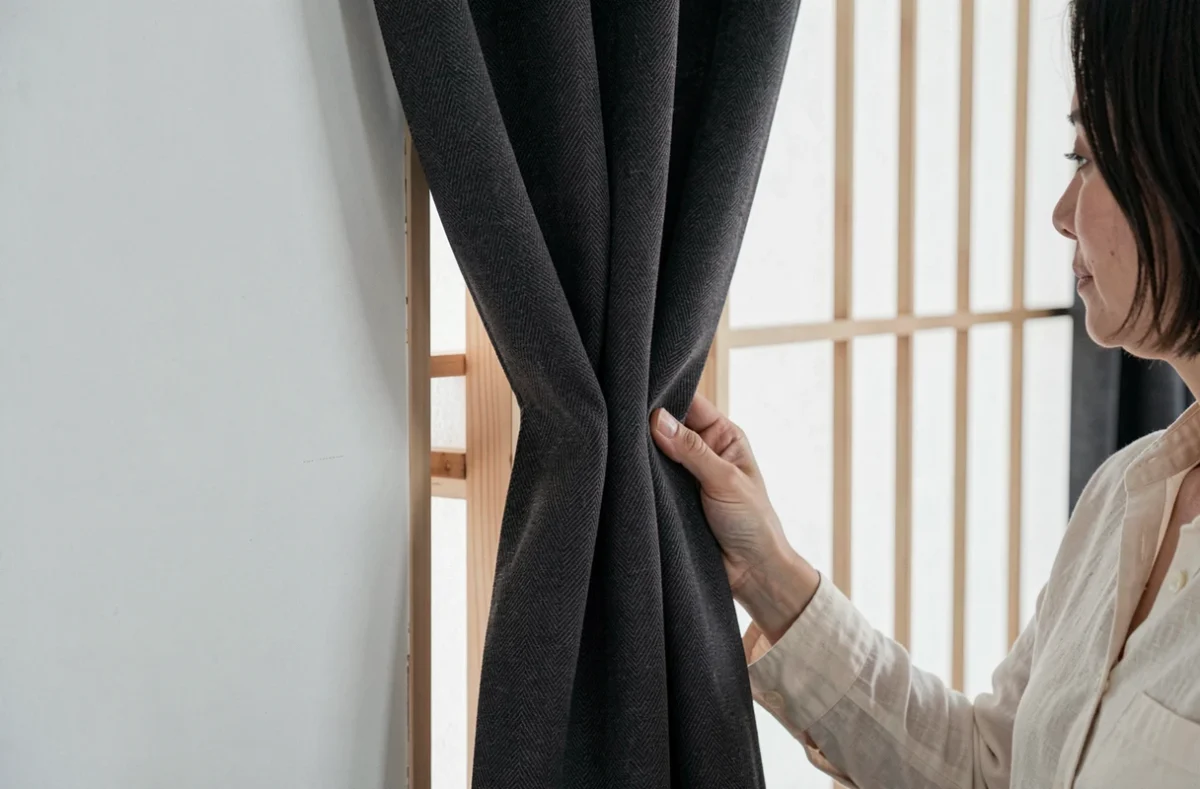 Détail de rideau occultant gris anthracite à tissage japonisant tenu par une femme en chemise lin crème