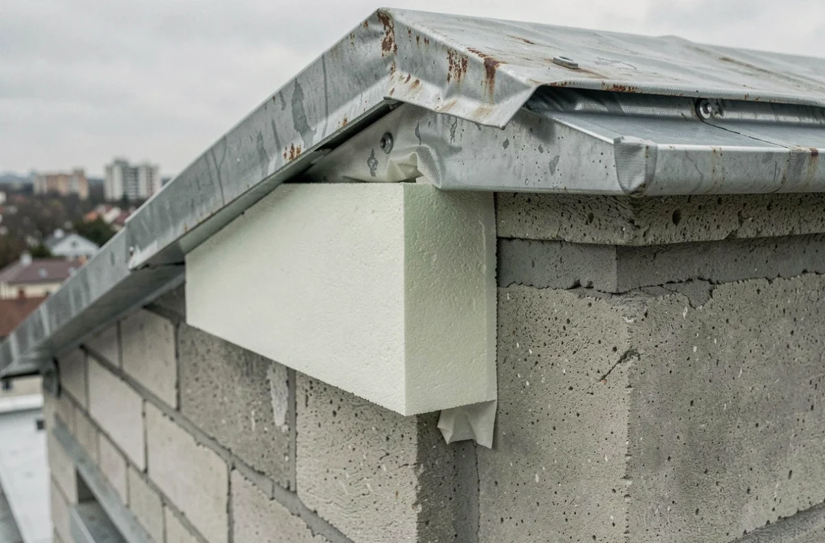 Détail en coupe d'un pont thermique traité à la jonction entre toiture en pente et acrotère avec isolation en polyisocyanurate et membrane d'étanchéité