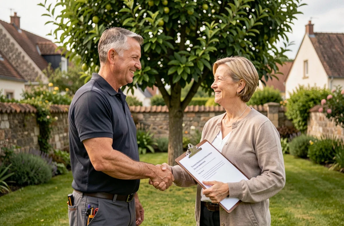 Arboriste professionnel remettant un devis d'élagage à une propriétaire dans son jardin résidentiel à Argenteuil