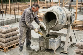 Ouvrier du bâtiment dosant 350 kg de ciment dans une bétonnière sur un chantier de construction, entouré de sacs de sable et gravier