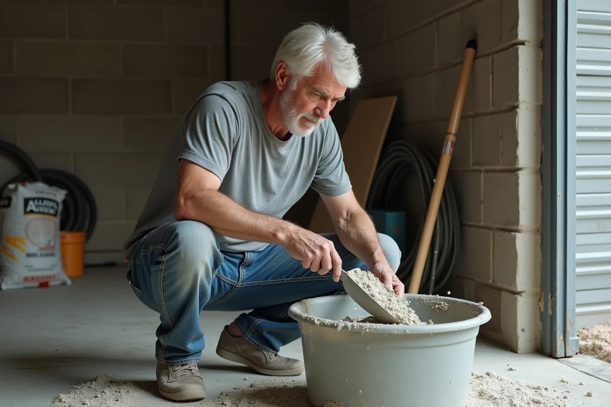 Homme dosant du béton avec une pelle dans un garage, méthode de dosage artisanale pour travaux maison