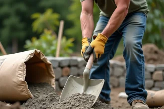 Homme dosant le béton à la pelle depuis un sac de 35 kg dans un jardin résidentiel pour construction de muret