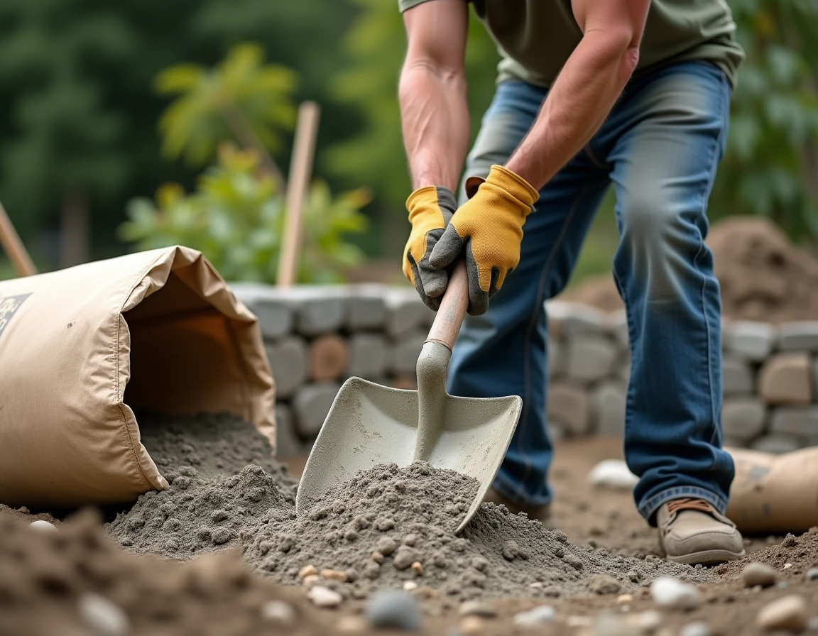 Homme dosant le béton à la pelle depuis un sac de 35 kg dans un jardin résidentiel pour construction de muret