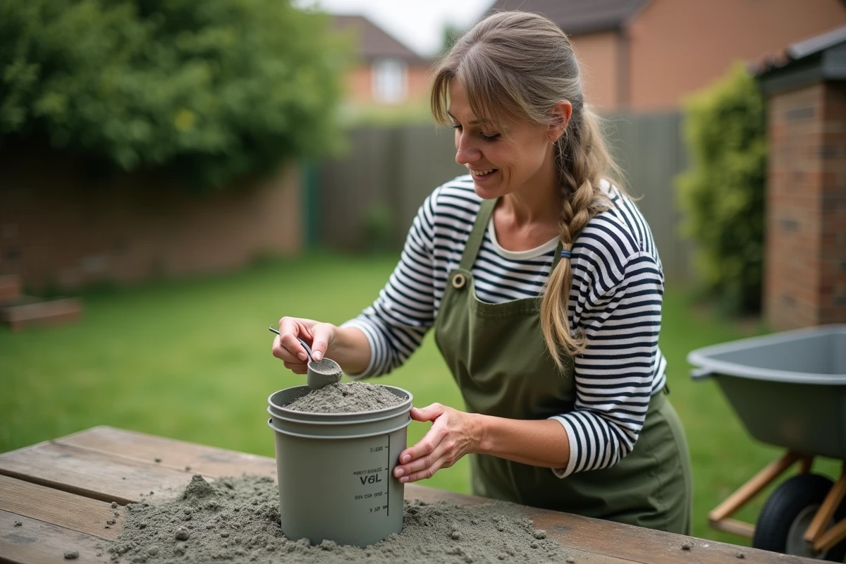 Femme dosant le béton au seau avec graduations dans un jardin, technique de dosage maison précise et pratique
