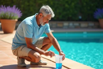 Homme dosant de l'eau de javel pour une piscine de 50 m3 avec un verre gradué au bord du bassin