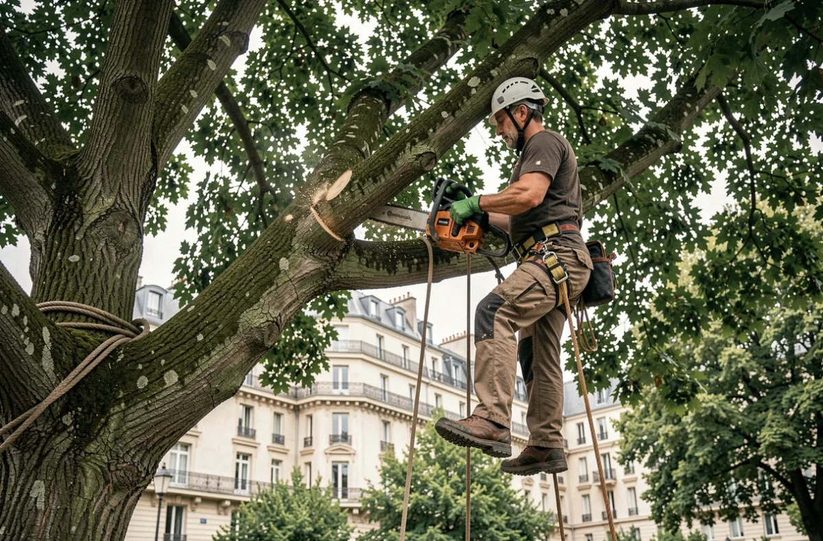 Élagueur professionnel en action dans un grand chêne avec équipements de sécurité dans un quartier résidentiel d'Argenteuil