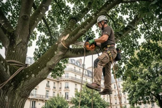 Élagueur professionnel en action dans un grand chêne avec équipements de sécurité dans un quartier résidentiel d'Argenteuil