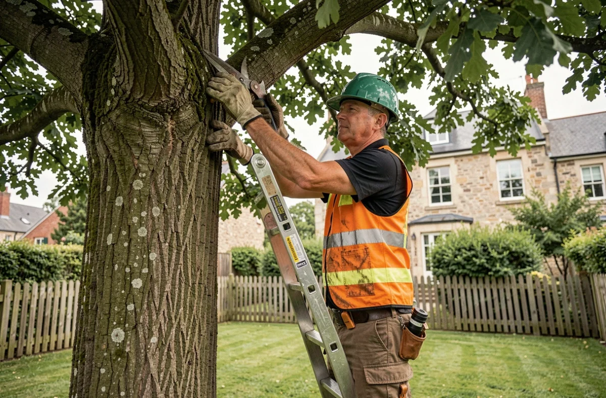 Élagueur professionnel en tenue de sécurité taillant les branches d'un grand chêne dans un jardin résidentiel avec maison en pierre en arrière-plan