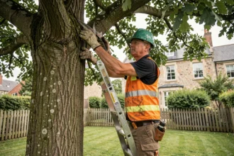 Élagueur professionnel en tenue de sécurité taillant les branches d'un grand chêne dans un jardin résidentiel avec maison en pierre en arrière-plan