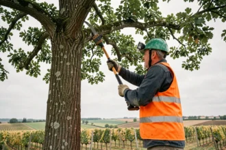 Élagueur professionnel en tenue de sécurité taillant un grand chêne dans les vignobles du Médoc