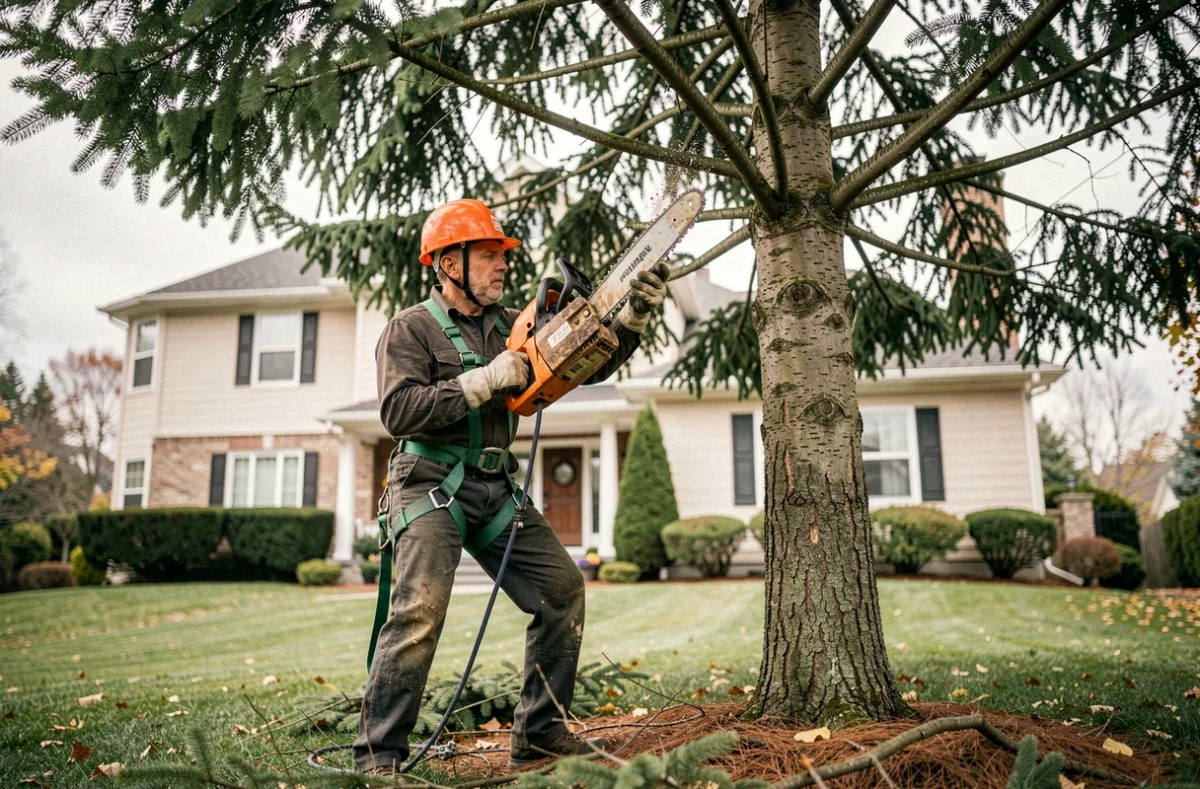 Élagueur professionnel grimpant dans un sapin pour effectuer une taille en hauteur dans un jardin résidentiel