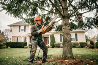 Élagueur professionnel grimpant dans un sapin pour effectuer une taille en hauteur dans un jardin résidentiel
