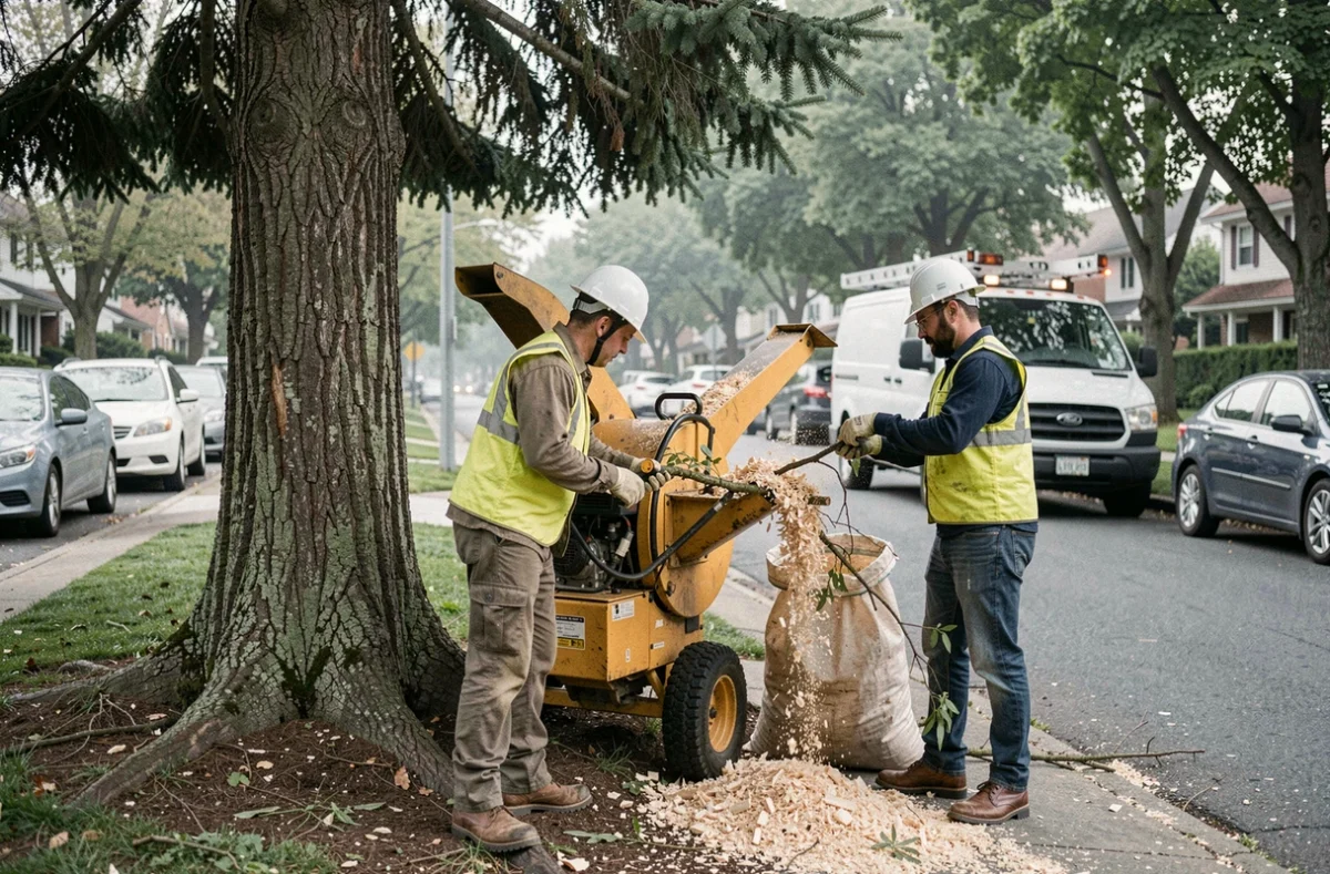 Deux élagueurs utilisant un broyeur de branches au pied d'un sapin dans une rue résidentielle