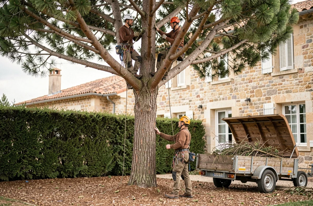 Deux élagueurs travaillant sur un pin maritime dans un jardin résidentiel du Médoc