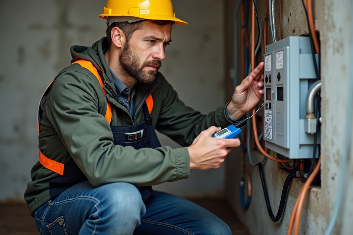 Électricien vérifiant le raccordement électrique dans une maison
