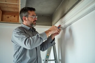 Électricien mesurant une goulotte PVC blanche avant fixation au plafond d'un intérieur résidentiel