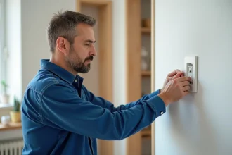 Homme en bleu installant un double interrupteur dans une maison moderne
